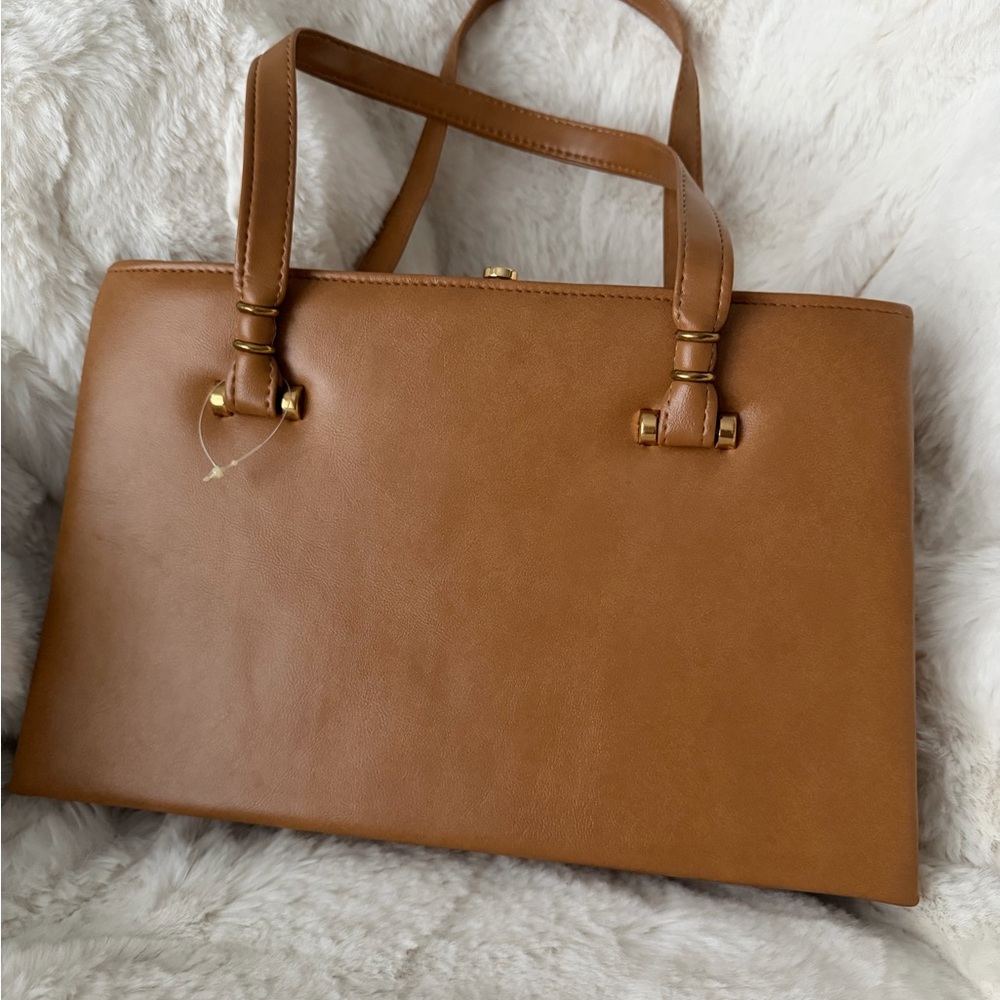 Structured Tan bag with Gold-Tone Hardware